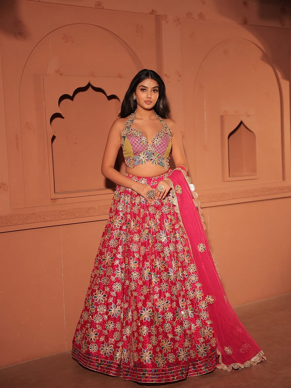 Floral Georgette Lehenga Set with Net Scalloped Lace Dupatta