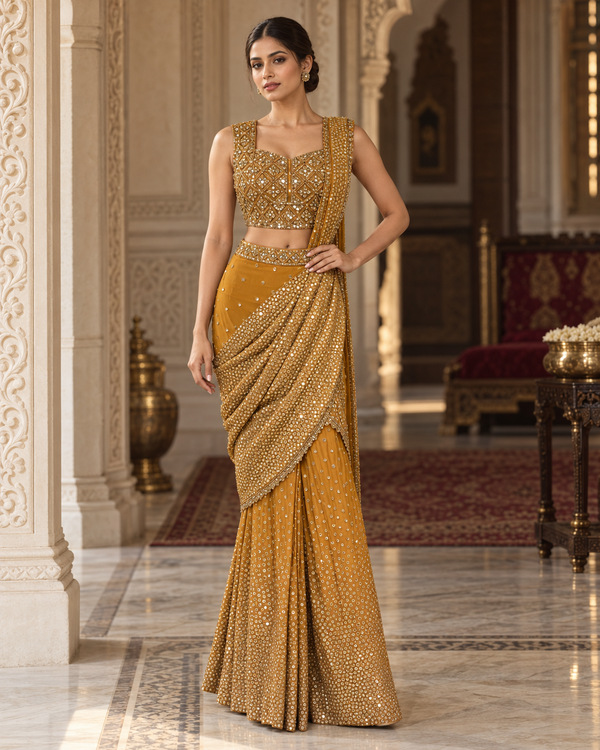 The Mustard Zari & Mirror-Work Draped Sharara Saree Set (or The Amber Ochre Hand-Embroidered Pre-Stitched Fusion Set)