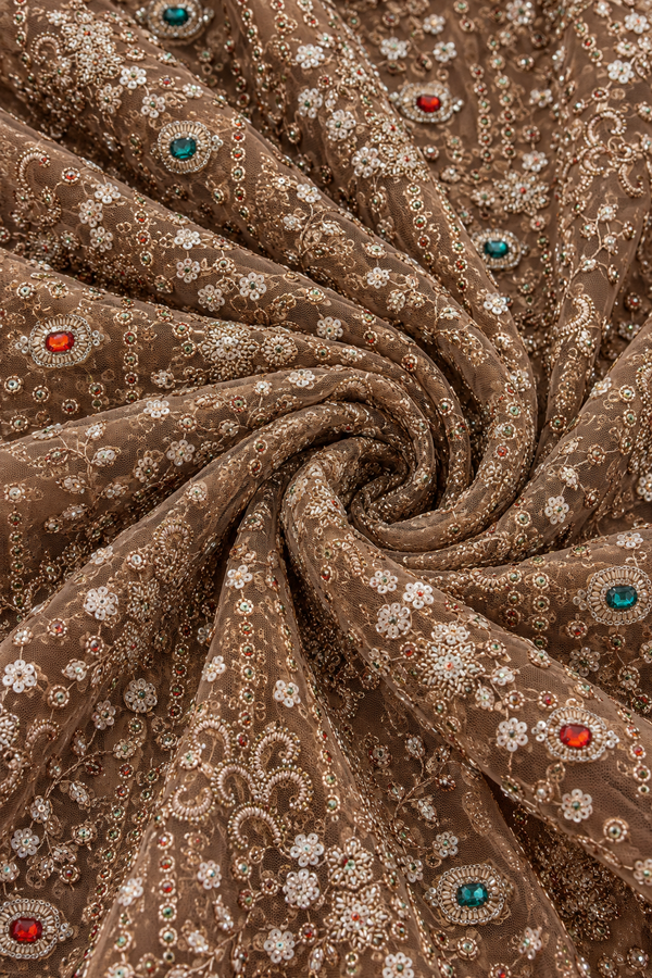 Floral Handwork Embroidered Net Fabric – 44 Inches