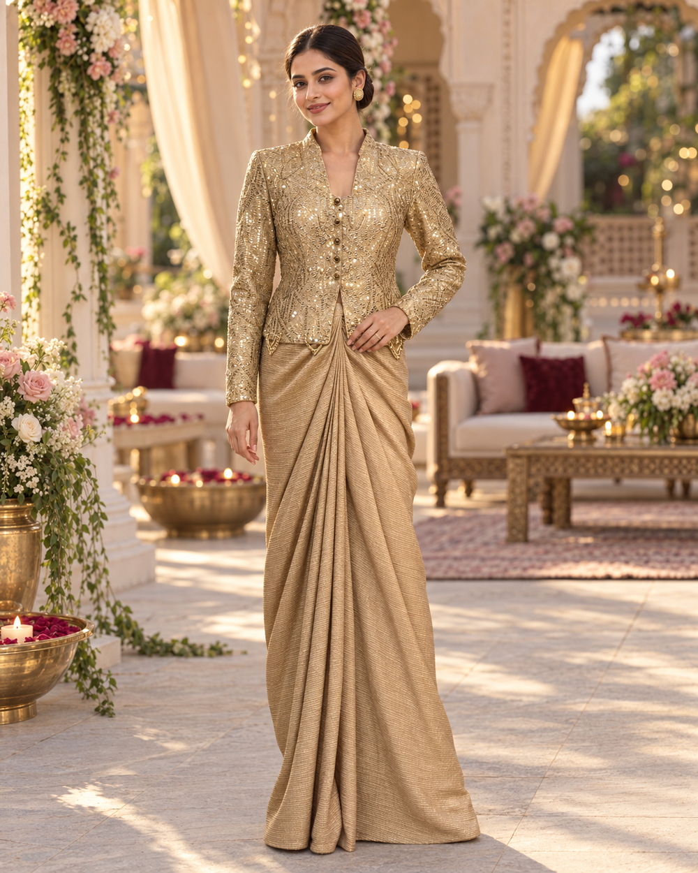 Metallic Gold Sequin Jacket & Dhoti Saree Set