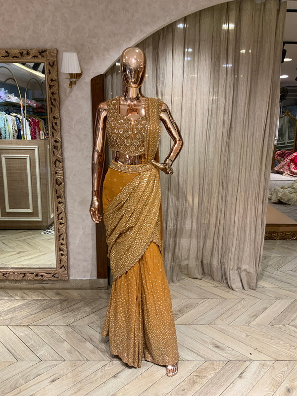 The Mustard Zari & Mirror-Work Draped Sharara Saree Set (or The Amber Ochre Hand-Embroidered Pre-Stitched Fusion Set)