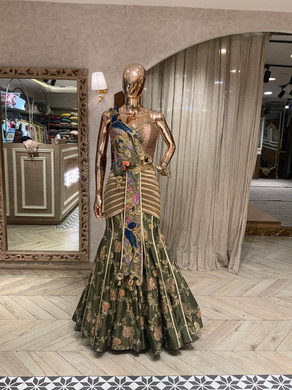 The Mayura Heritage Olive & Gold Concept Lehenga Saree (or The Peacock Embroidered Draped Fusion Lehenga)