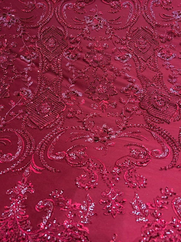 Imported Maroon Cutwork & Cut Dana Handwork Net Fabric – 54 Inches
