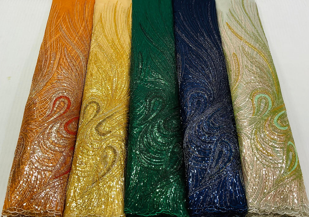 Imported Statement Motif Sequin & Bead Handwork Net Fabric – 60” Wide – product image 1