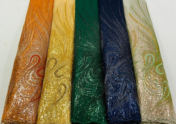 Imported Statement Motif Sequin & Bead Handwork Net Fabric – 60” Wide – product image 1