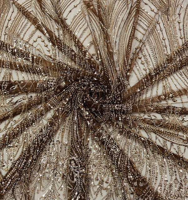 Brown imported leaf motif sequin and bead handwork net fabric detail
