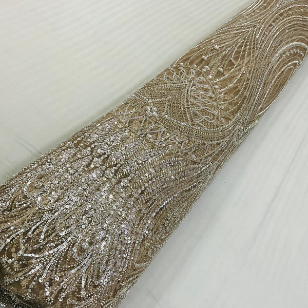 Gold imported leaf motif sequin and bead handwork net fabric