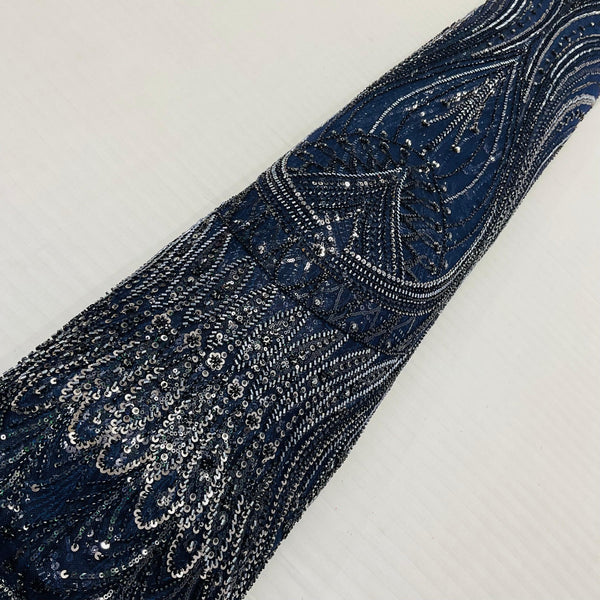 Navy blue imported leaf motif sequin and bead handwork net fabric