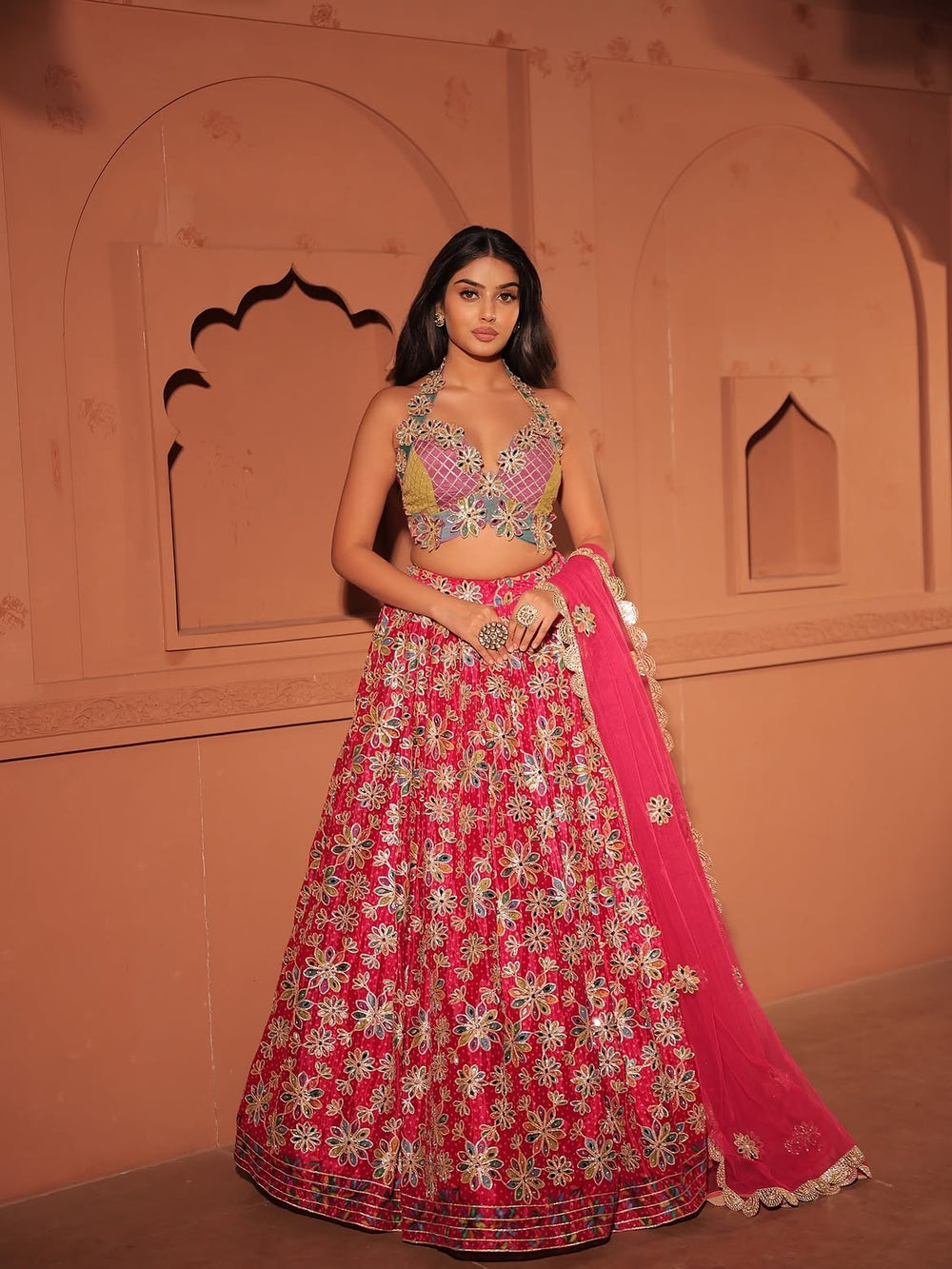 Floral Georgette Lehenga Set with Net Scalloped Lace Dupatta