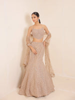 Champagne Beige Bodycon Net gown with Halter Blouse and Dupatta