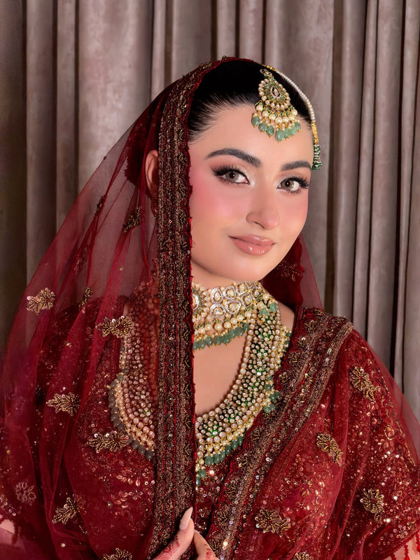 The Crimson Noor Heritage Bridal Lehenga (or The Royal Maroon Hand-Embroidered Velvet & Net Bridal Set)