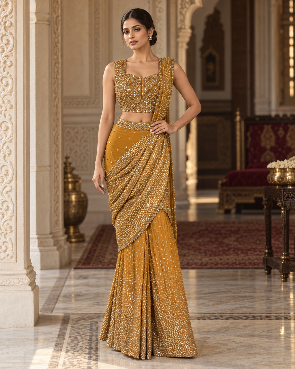 The Mustard Zari &amp; Mirror-Work Draped Sharara Saree Set (or The Amber Ochre Hand-Embroidered Pre-Stitched Fusion Set)