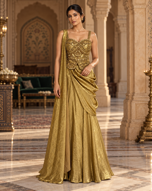 The Aurelia Liquid Gold Draped Corset Gown (or The Antique Gold Metallic Pre-Draped Saree Gown)