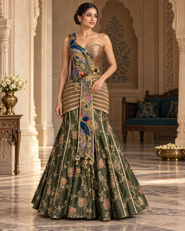 The Mayura Heritage Olive & Gold Concept Lehenga Saree (or The Peacock Embroidered Draped Fusion Lehenga)