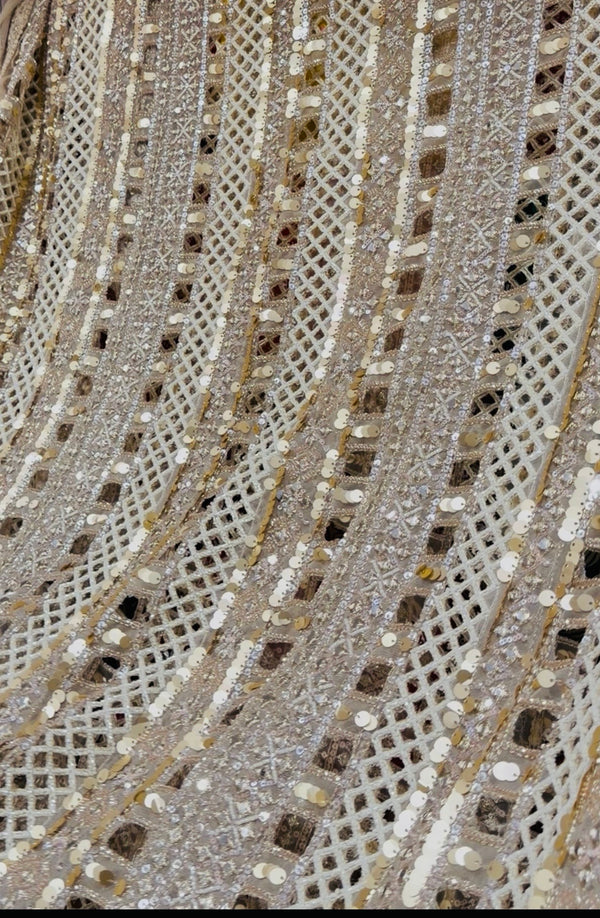 Ivory Gold Double Net Handwork Cutwork Fabric – 44 Inches
