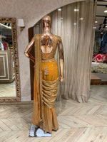 The Mustard Zari &amp; Mirror-Work Draped Sharara Saree Set (or The Amber Ochre Hand-Embroidered Pre-Stitched Fusion Set)
