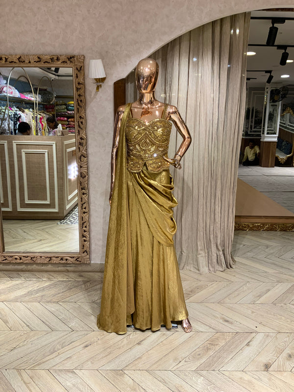 The Aurelia Liquid Gold Draped Corset Gown (or The Antique Gold Metallic Pre-Draped Saree Gown)