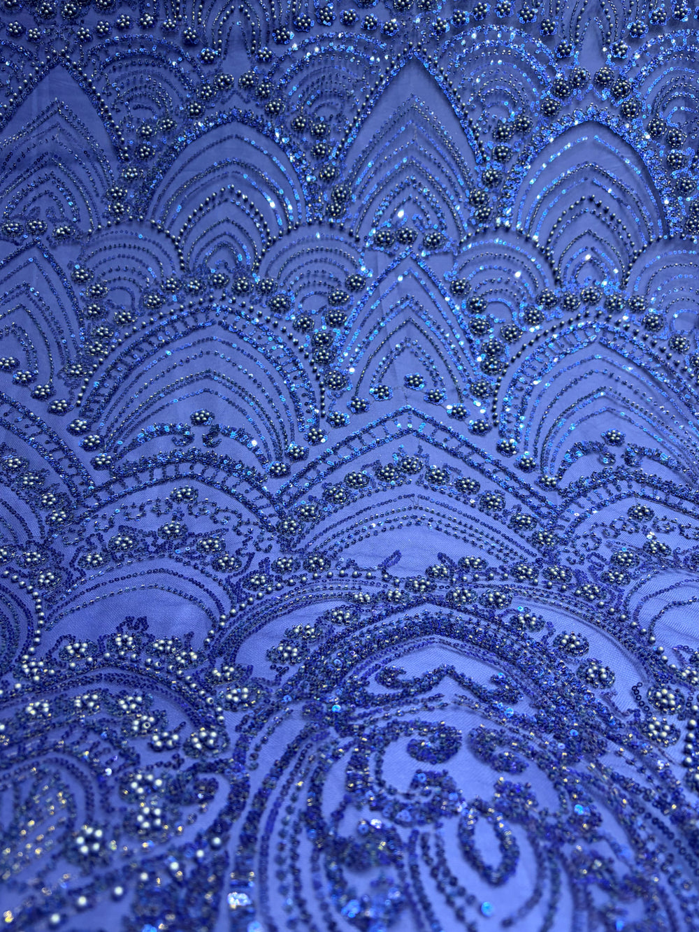 Imported Electric Blue Cut Dana & Pearl Handwork Net Fabric – 60 Inches
