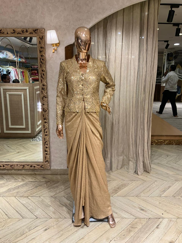 Metallic Gold Sequin Jacket &amp; Dhoti Saree Set