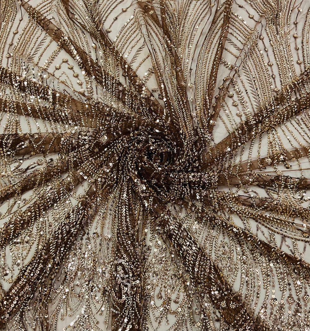 Brown imported leaf motif sequin and bead handwork net fabric detail
