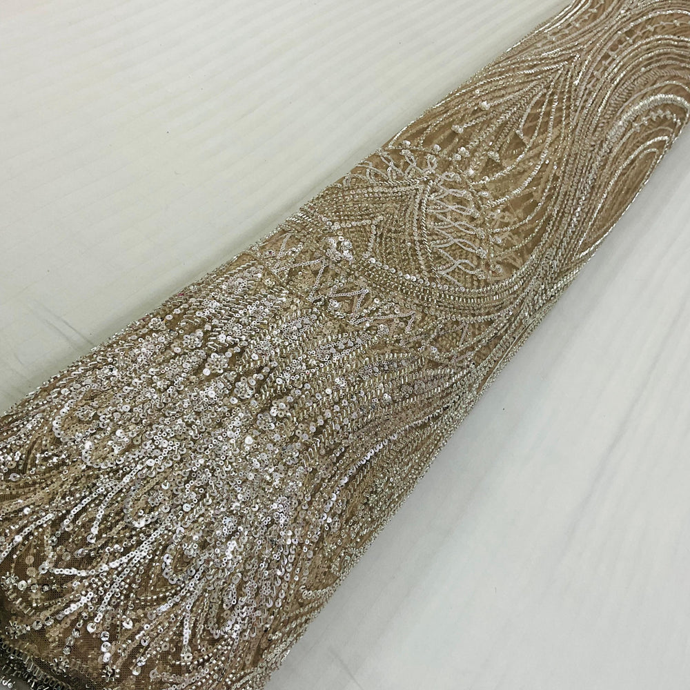 Gold imported leaf motif sequin and bead handwork net fabric